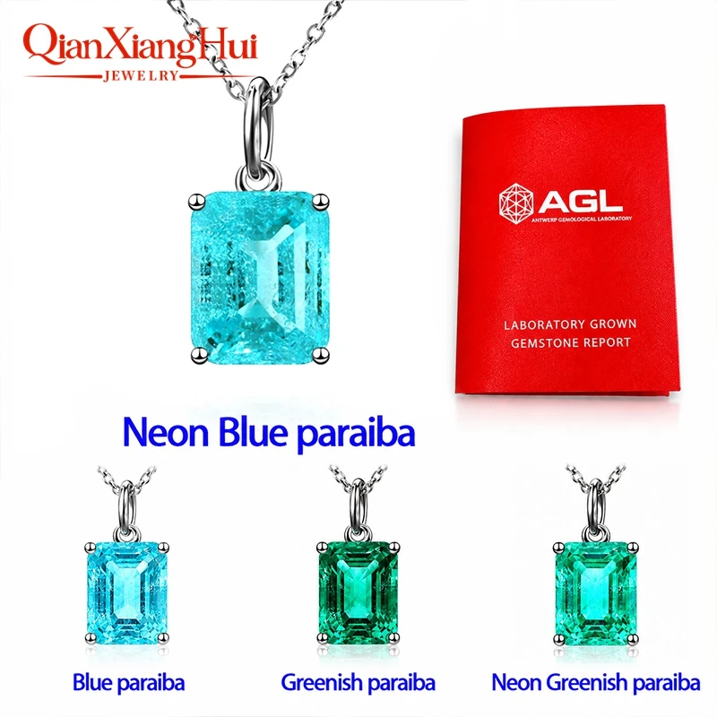 8*10mm Emerald Rectangle Shape Lab Grown YAG Neon Paraiba Blue and Green S925 Silver Pendant Jewelry Gift Necklace Datting