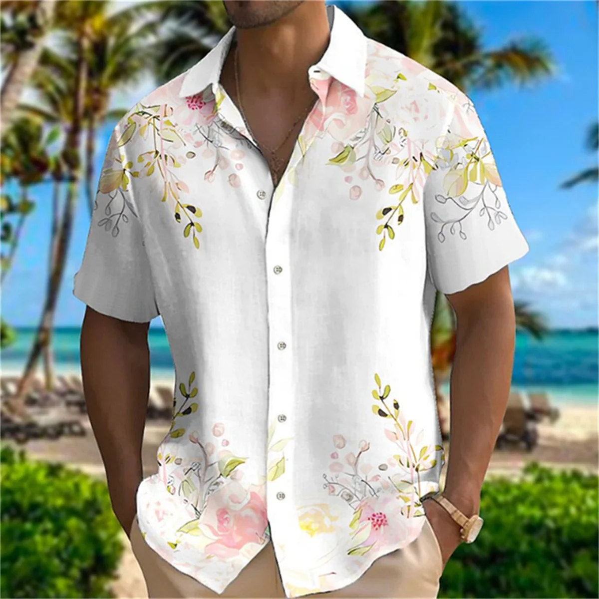 2023 Summer New Feather Printing Fashion Leisure Outdoor Designer Street Men\'s High Quality Button T-shirt Short Sleeve Shirt