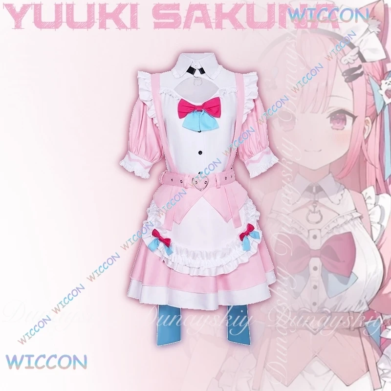 

Униформа/виртуальная певица Юки Сакуна, косплей, кошачья горничная с розовым, белым платьем и розовым двойным хвостиком, парик, костюм для косплея
