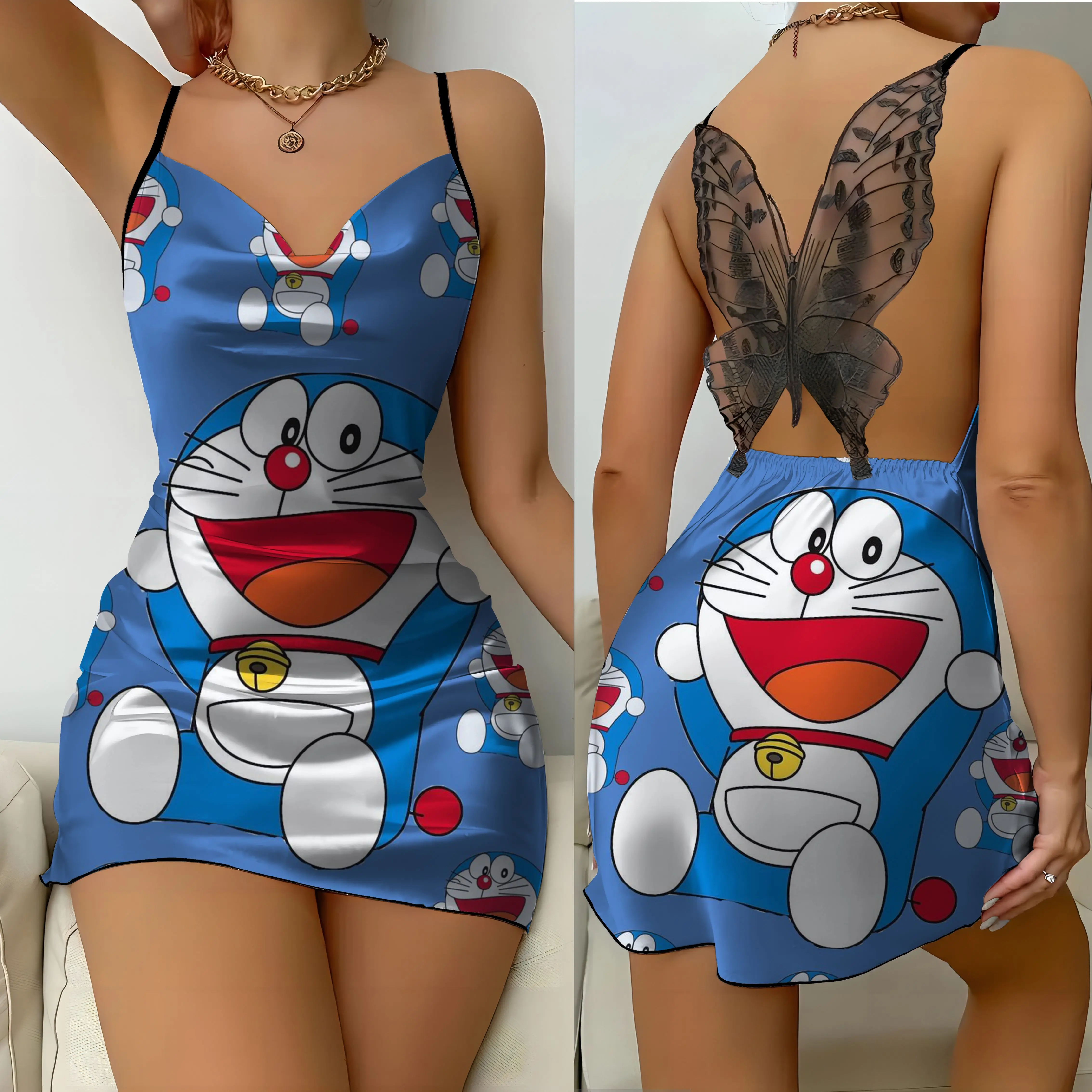 Abiti da festa con nodo a fiocco Mini abito superficie in raso Doraemon gonna pigiama donna moda estate 2024 abito sottoveste senza schienale in