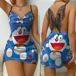 Abiti da festa con nodo a fiocco Mini abito superficie in raso Doraemon gonna pigiama donna moda estate 2024 abito sottoveste senza schienale in pizzo Sexy