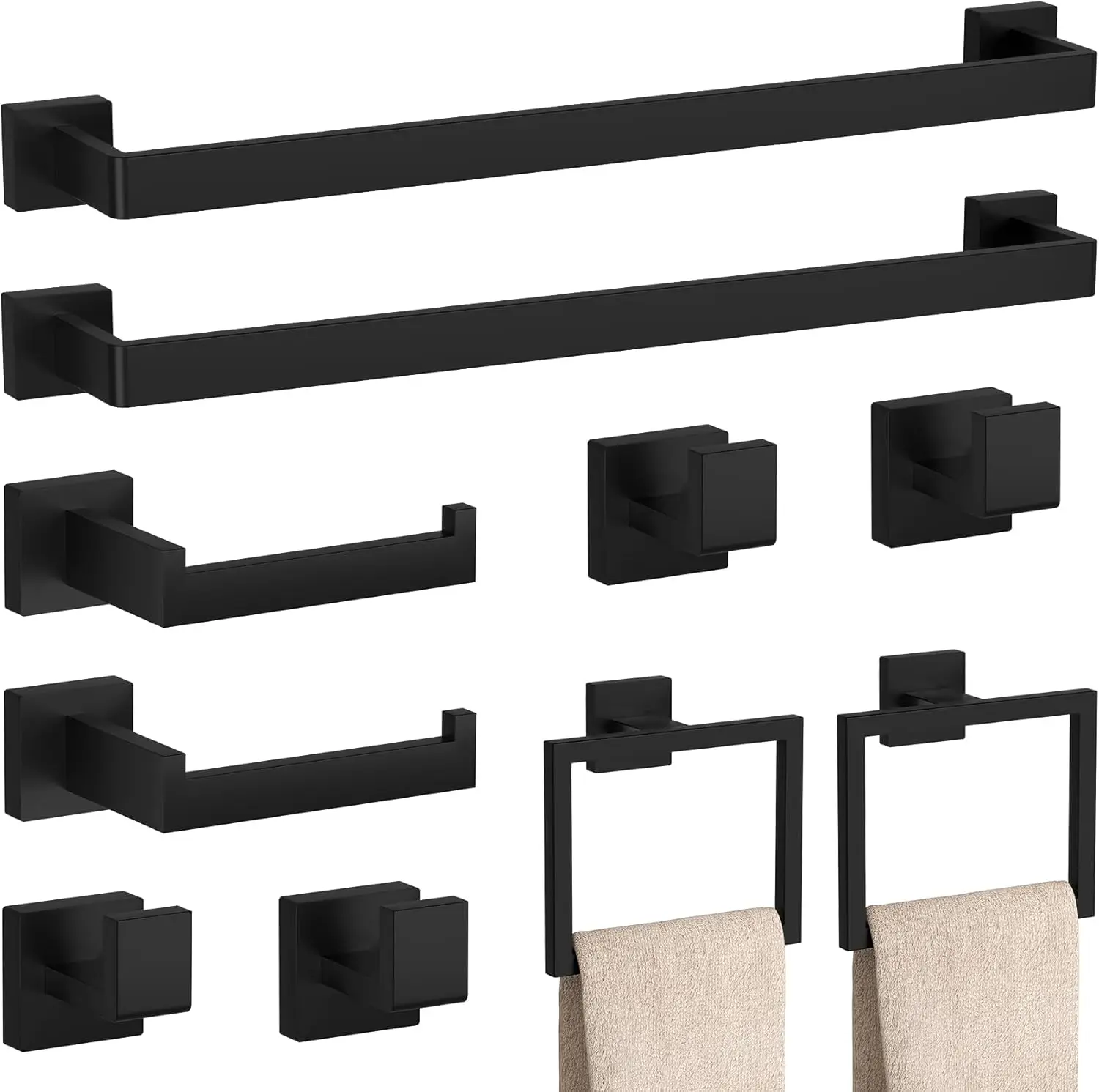 

10-Piece Matte Black Bathroom Accessories Set, Stainless Steel Towel Bars and Hooks for Wall Mounting