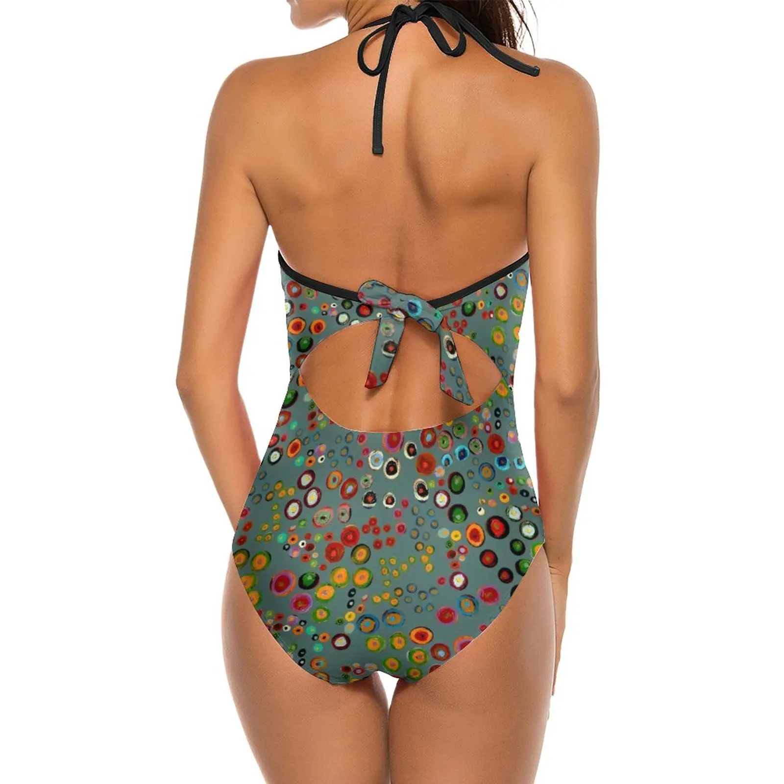 Meandering Spirals : Turquoise Deep V-Neck Halter One-Piece Swimsuit Ladies Monokini Beach Bathing Suits Swimwear