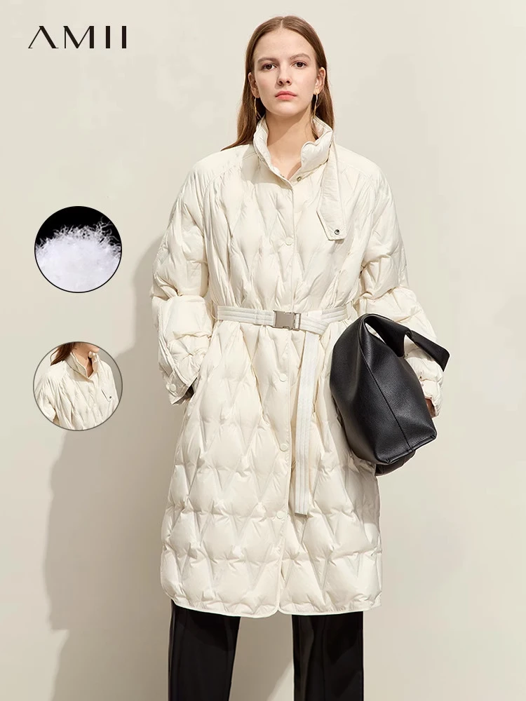 

AMII Minimalism 2023 Down Puffer Jacket for Women New Warm Mock Neck Diamond Plaid Belt Winter Long Thick Lady Outwear 12364008