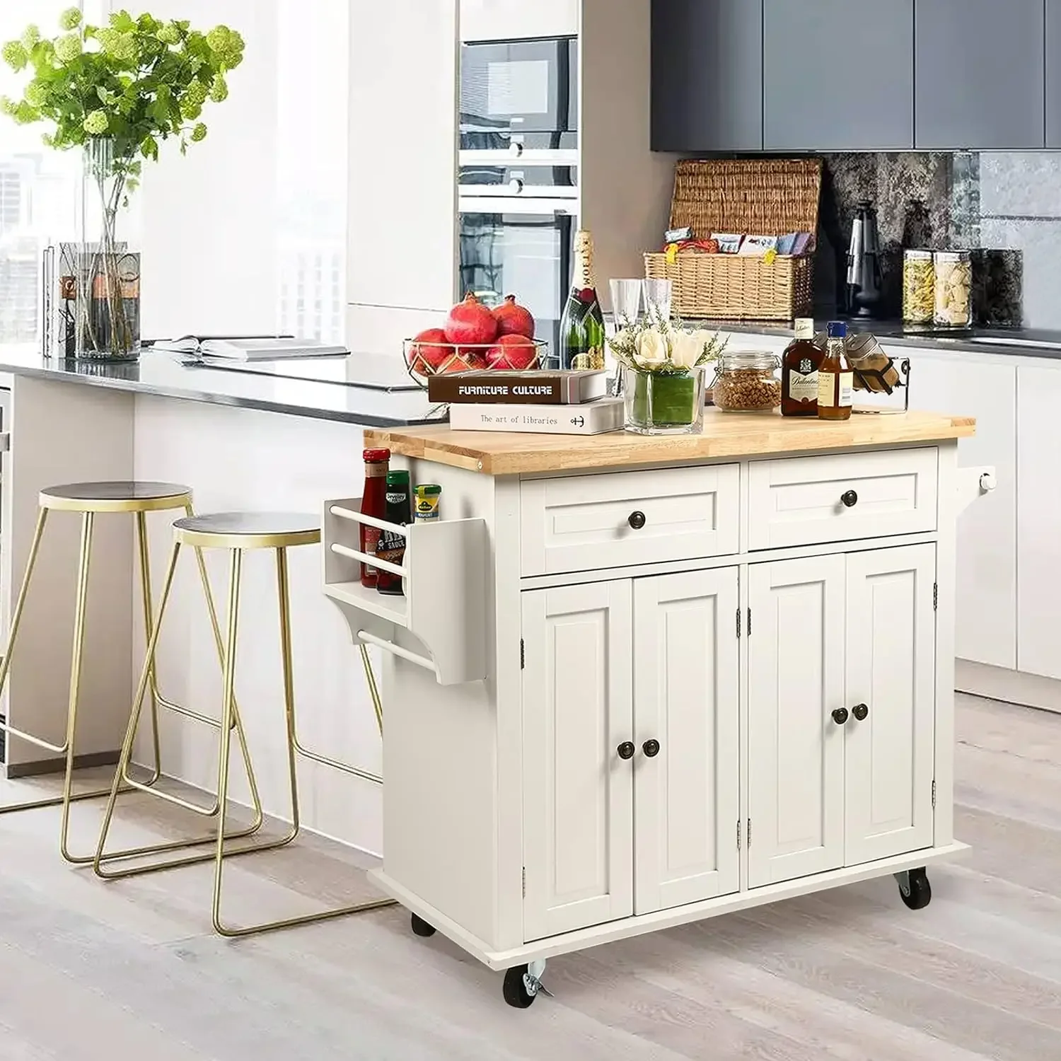 Kitchen Island-Chariot de bar et de service à roulettes avec porte-serviettes, chariot de rangement utilitaire avec rangement, épices, T1