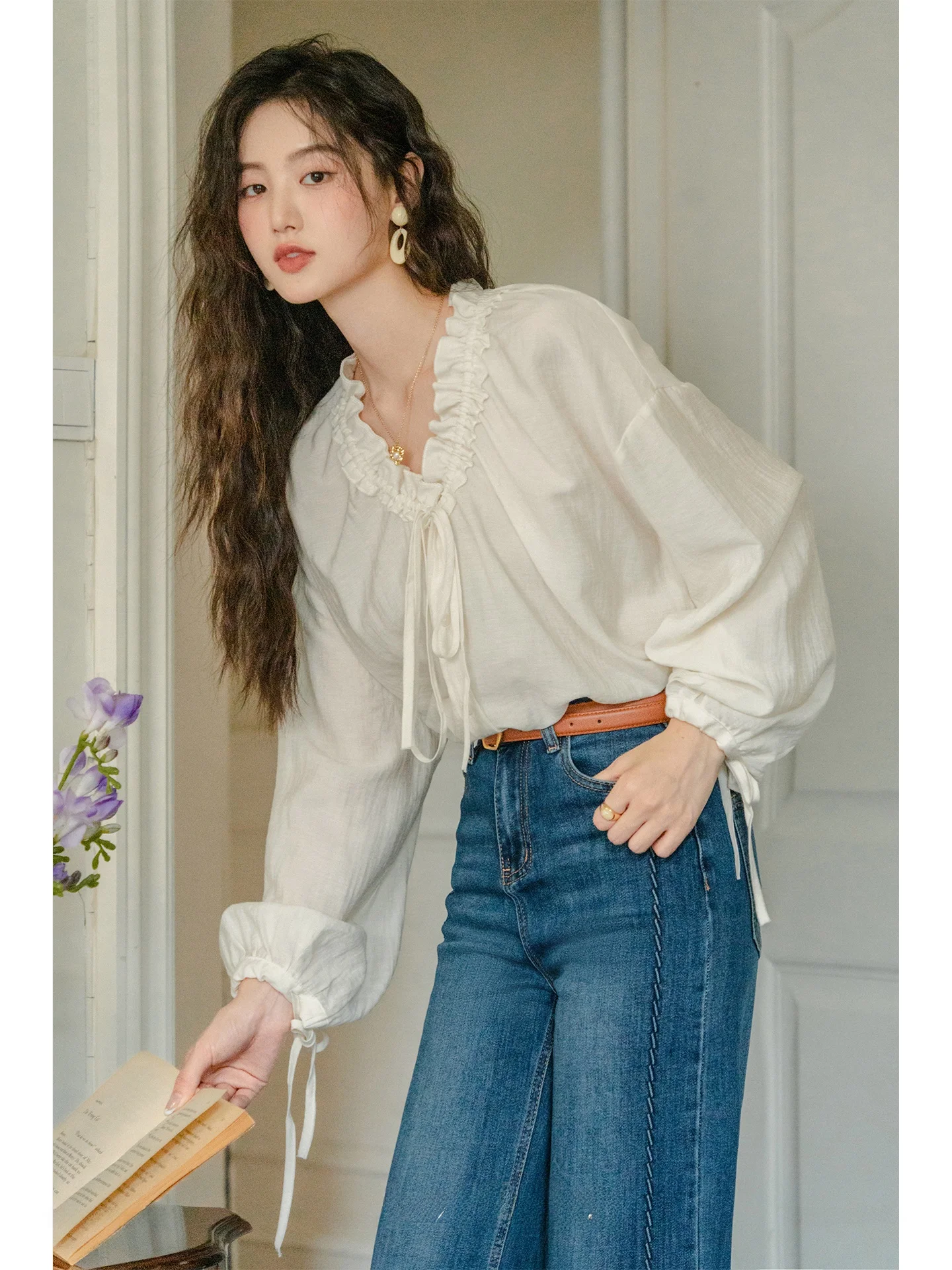 

Женское платье Ele V-Ne Long Sve, новинка ранней осени, с дизайном «ветка», свободного кроя, цвет «груша», во французском стиле...