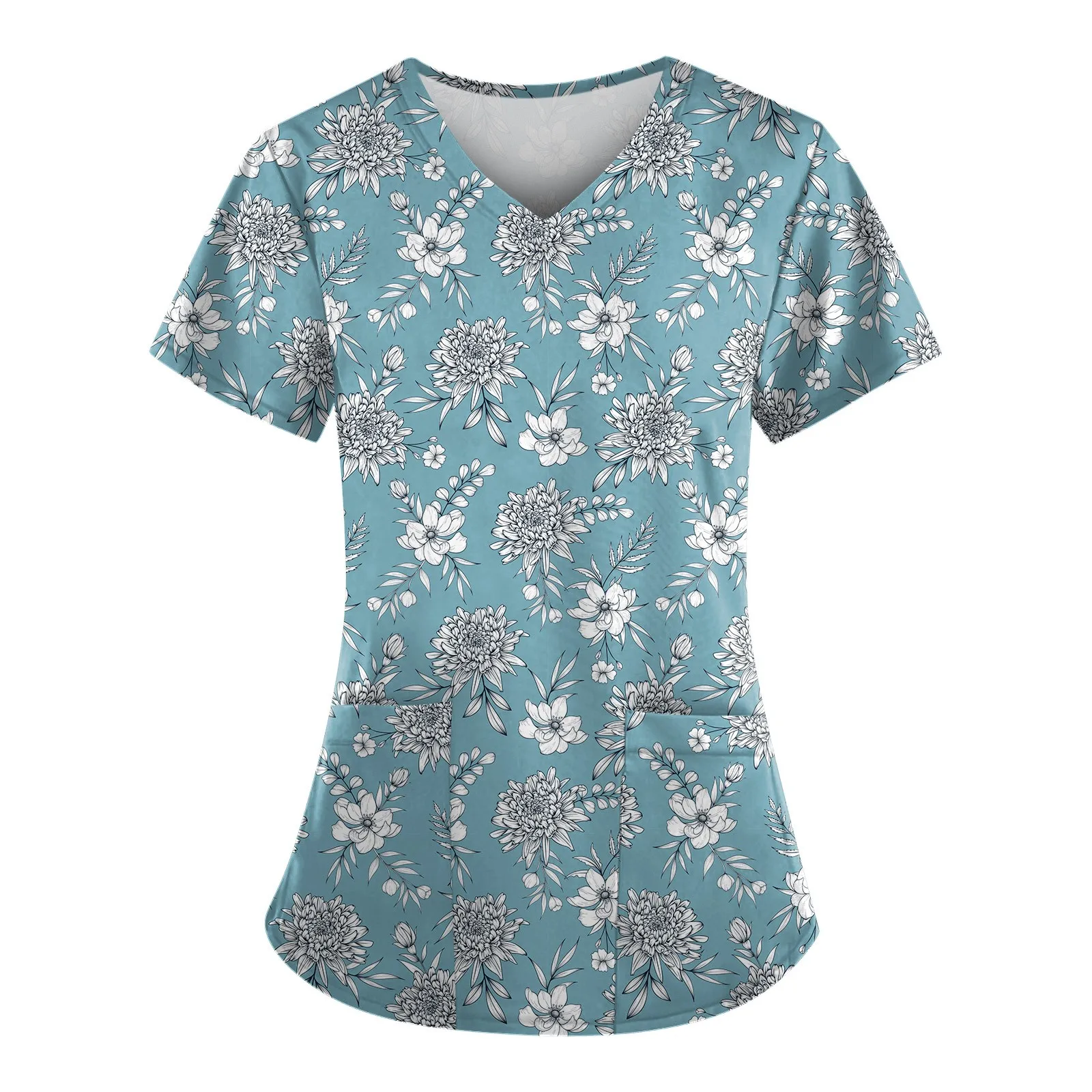 

Ladies' Short Sleeve V-neck Workwear Flower Print Working Uniform Casual Medical Clinic Nursing Blouse Shirts