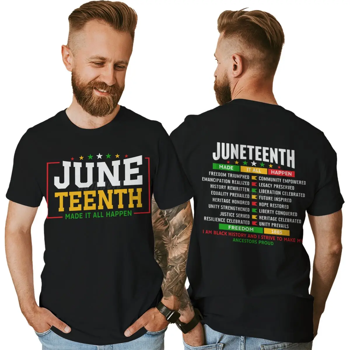 T-shirt Juneteenth Made It All Happen pour hommes et femmes, t-shirt noir sur le thème de l'histoire et de la liberté, imprimé sur le devant et le dos, 1865