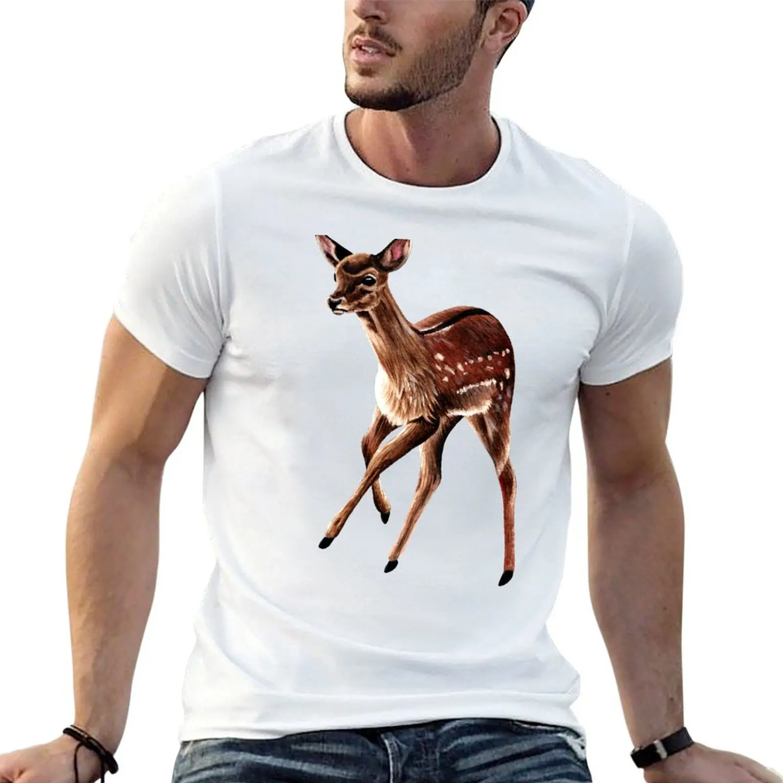 

Baby fallow deer fawn ink and watercolour painting T-Shirt cotton t shirt man man t shirts for men T-Shirt