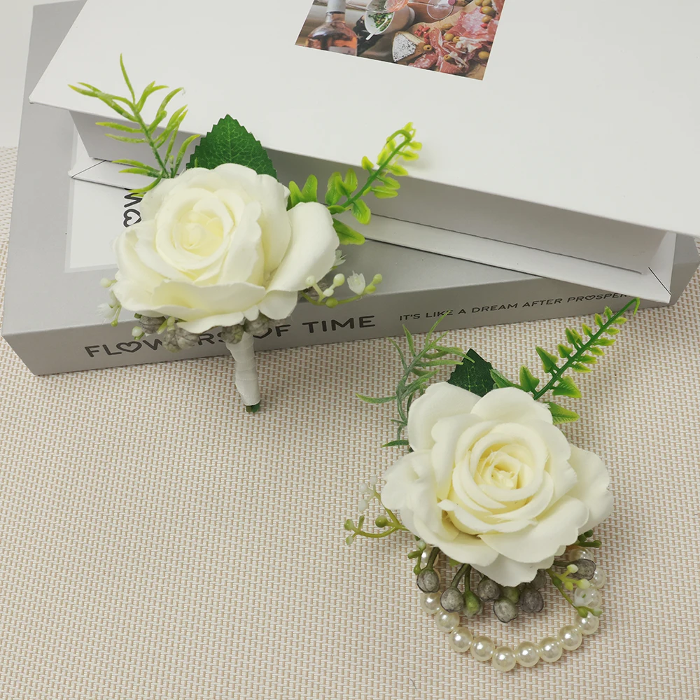 

White Rose Wrist Corsage And Boutonniere Wedding Accessories for Bride Groom Couple - Elegant Wedding Couple Matching Wristwear