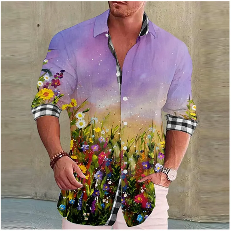 2023 Men's Shirt Floral Pattern Cuffed Plaid Outdoor Street Long Sleeve Printed Clothing Fashion Streetwear Designer Casual 6XL