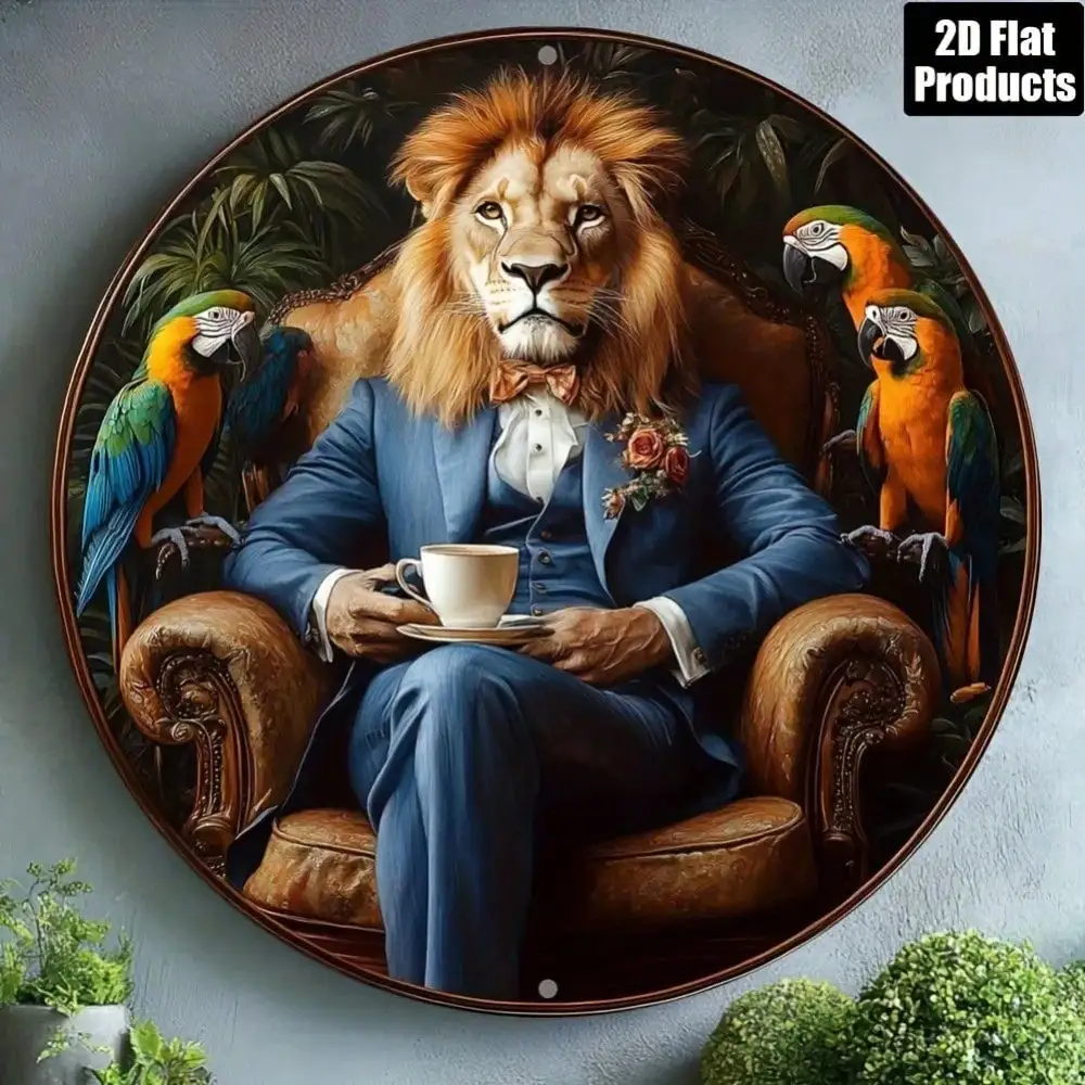 CIFBUY Oasyber Metal Wall Art 2D Lion Parrot Sign, 8 Inch Round Iron Decor for Living Room Bar Kitchen Office Bedroom Aesthetic