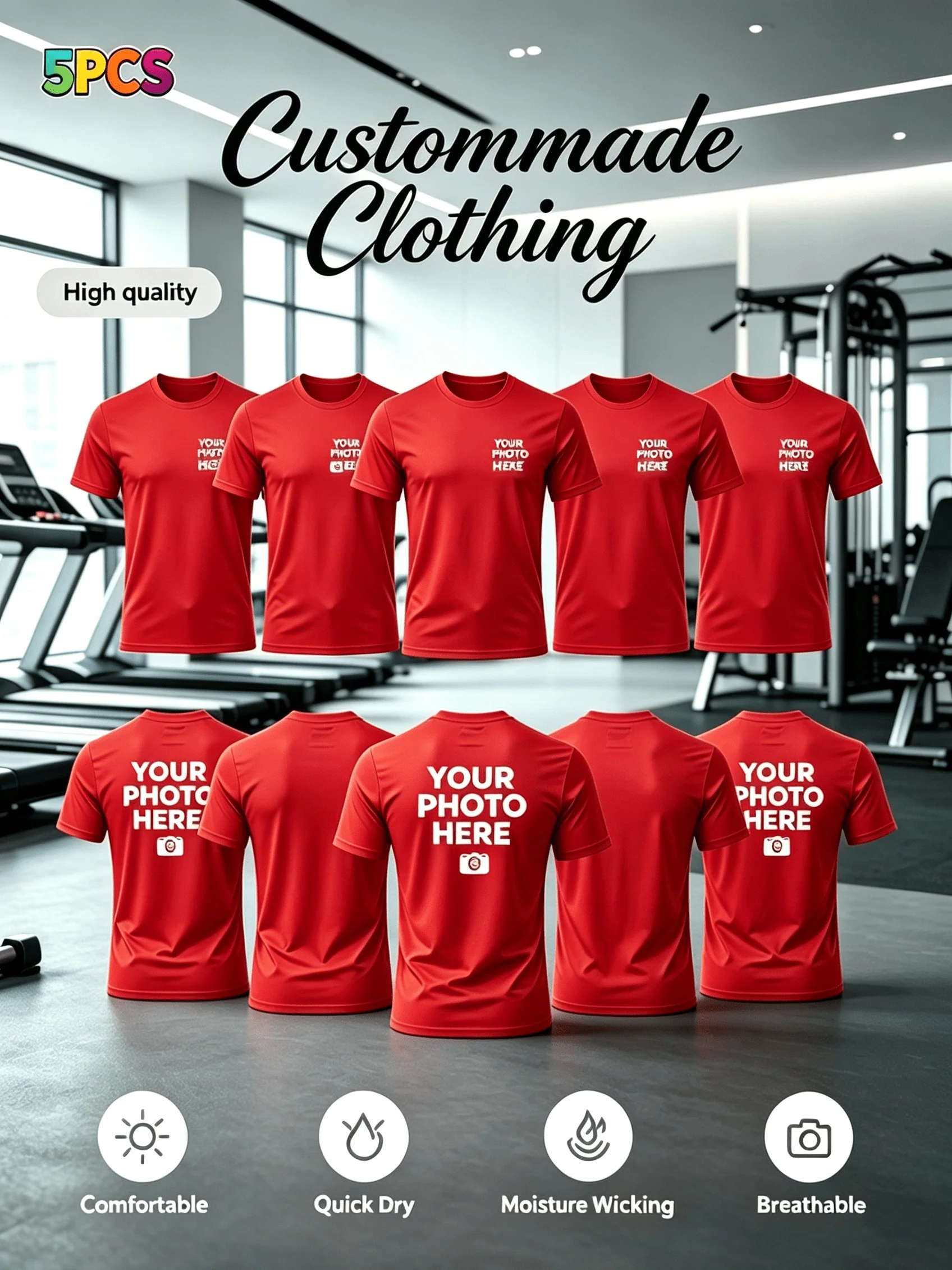 5-Piece Set. Customized Product. Men's Quick-Drying Sports T-Shirt [with Customizable Logo/Pattern] - Lightweight, Breathable image 4