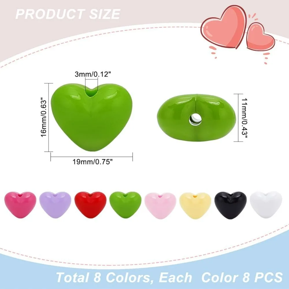 64pcs Heart Shape Acrylic Beads, 8 Colors Cute Loose Beads Colorful Heart Beads Opaque Craft Bead Heart Shape Spacer Bead