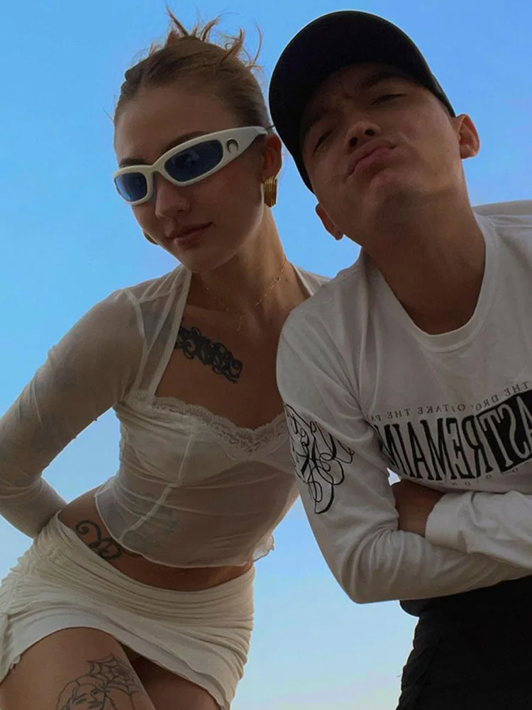 패션 레이스 트림 메쉬 크롭 탑 90년대 감성 패치워크 스퀘어 넥 긴팔 화이트 섹시 티셔츠 여름 티셔츠