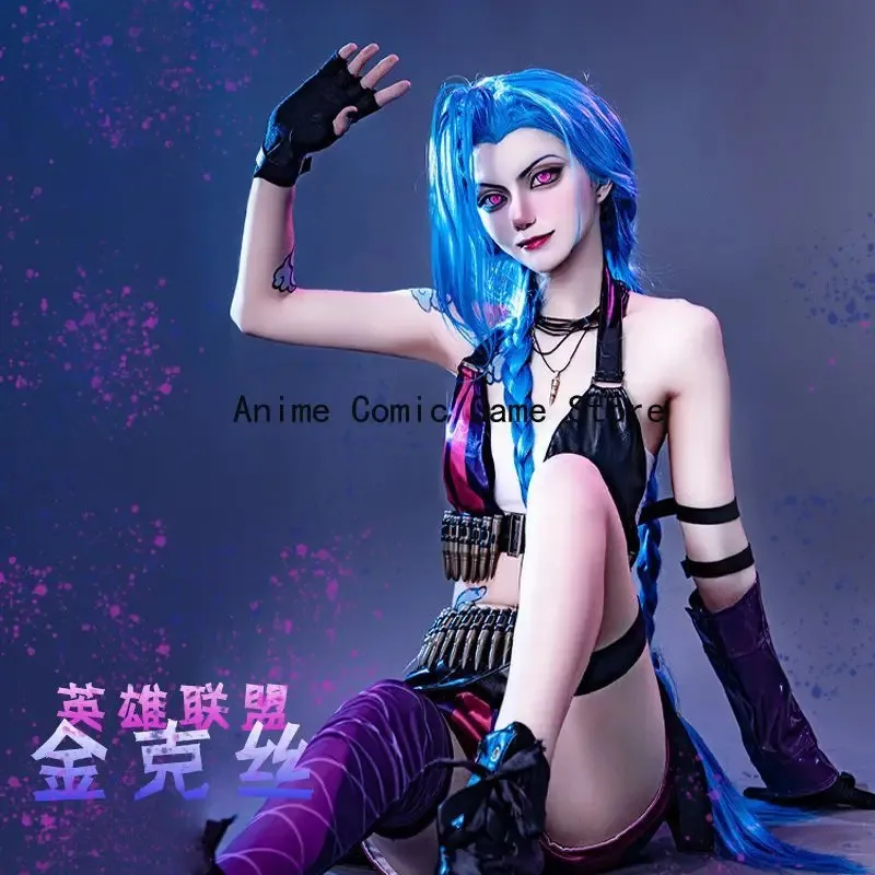 In Stock S-XL Jinx Cosplay Costume Wig Tattoo Sticker Full Sets Anime Game League of Legends Halloween Party Outfits for Girls