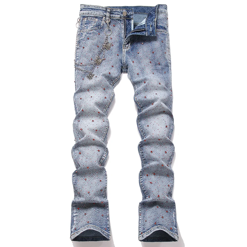 

Men's Crystal Boot Cut Jeans with Chain Plue Size Streetwear Slim Flared Pants Punk Stretch Denim Trousers Blue