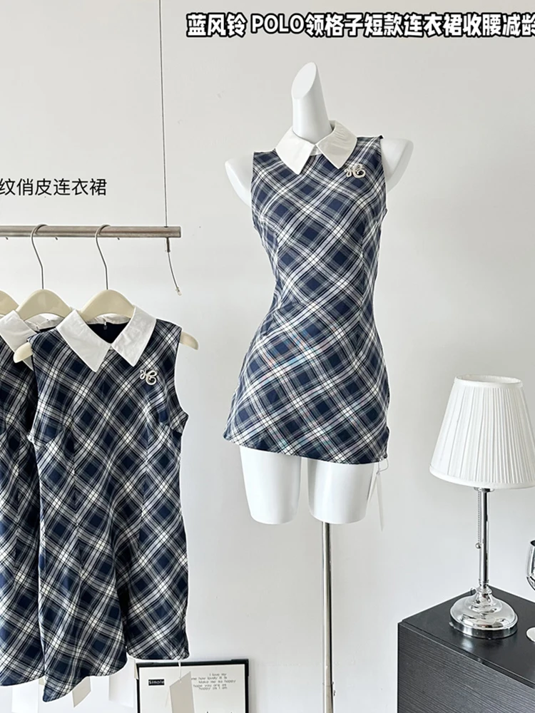 

Summer Korean Vintage Mori Girl Mini Sleeveless Plaid Dress Women Party Polo Collar Frocks Preppy Coquette Gyaru 2000s Aesthetic