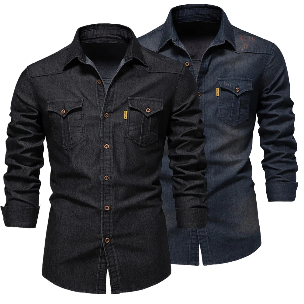 New Autumn Cotton Denim Shirts Men Casual Long Sleeve Quality Cowboy Shirt Solid Color Slim Fit Elastic Jean Shirts for Men