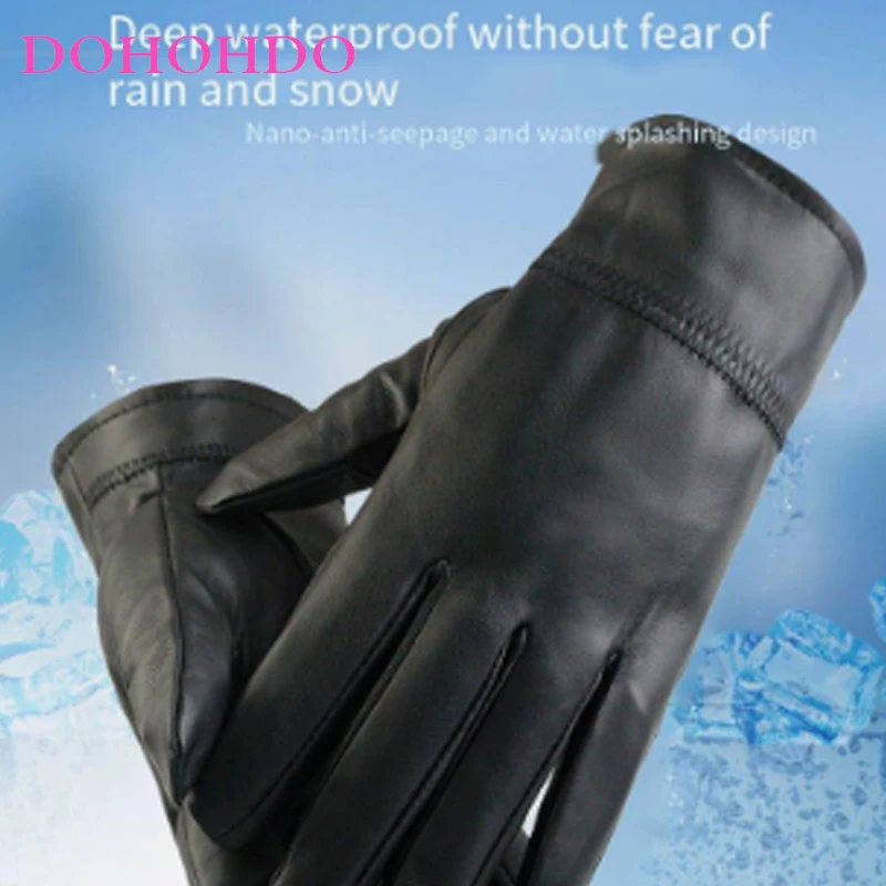 Black Leather Gloves Men's All-finger Warm Velvet Thickened Imitation Water Riding Wear-resistant Outdoor Sports Guantes Moto