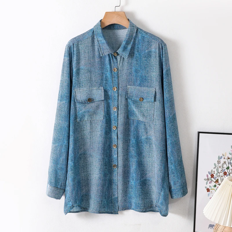 

100% Mulberry Silk Crepe Silk Women Long Sleeve Shirt Blue Jeans Printed Collared Buttons Down Top Blouse Office Work M L FF068