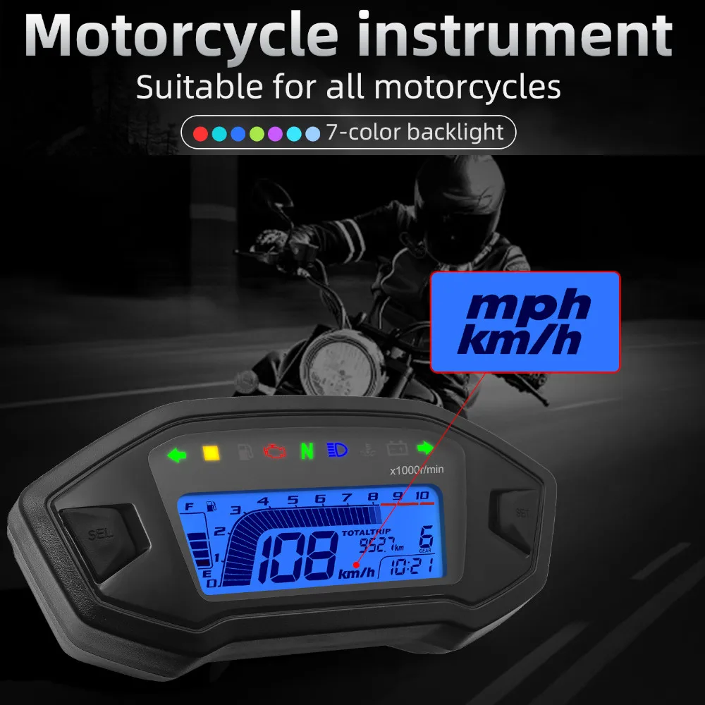 7 Colors Adjust Universal Motorcycle Speedometer Digital Odometer For 2,4 Cylinder 10000RPM Motorcycle Instrument Dashboard 12V