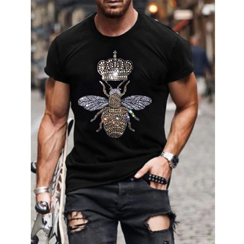 New Mens Quality Oversized Fashion y2k Summer Tee Tops  Designer Angel wing Rhinestone Club Short Sleeve Street O-Neck t-shirt