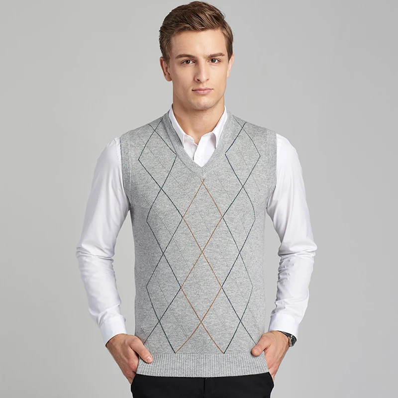 Autumn and winter new men's knit vest cashmere sleeveless plaid high quality men sweater and pullovers