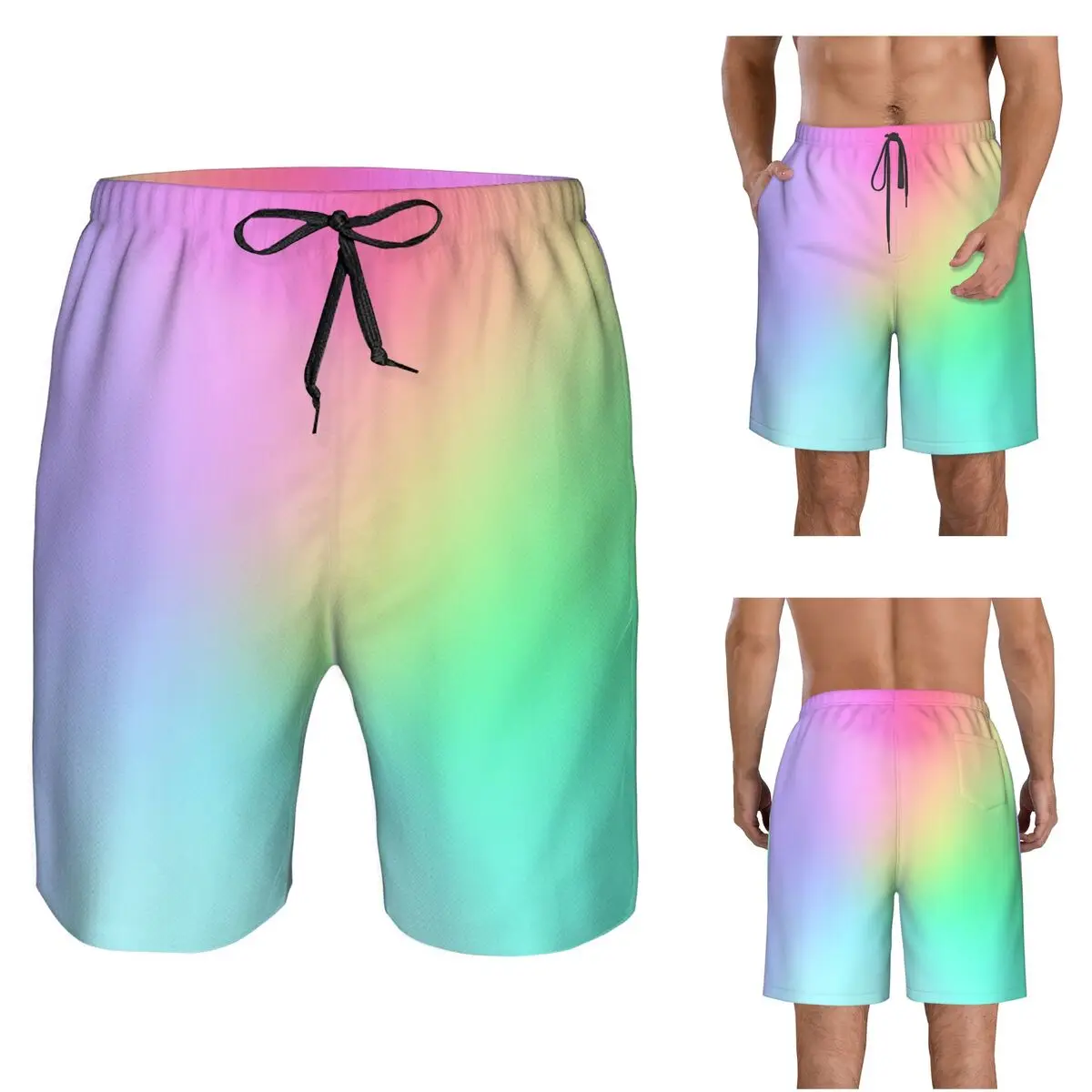 Pastel Glow Rainbow Gradient Trunks Beach Board Shorts Casual Quick Dry Swimming Summer Men Pants