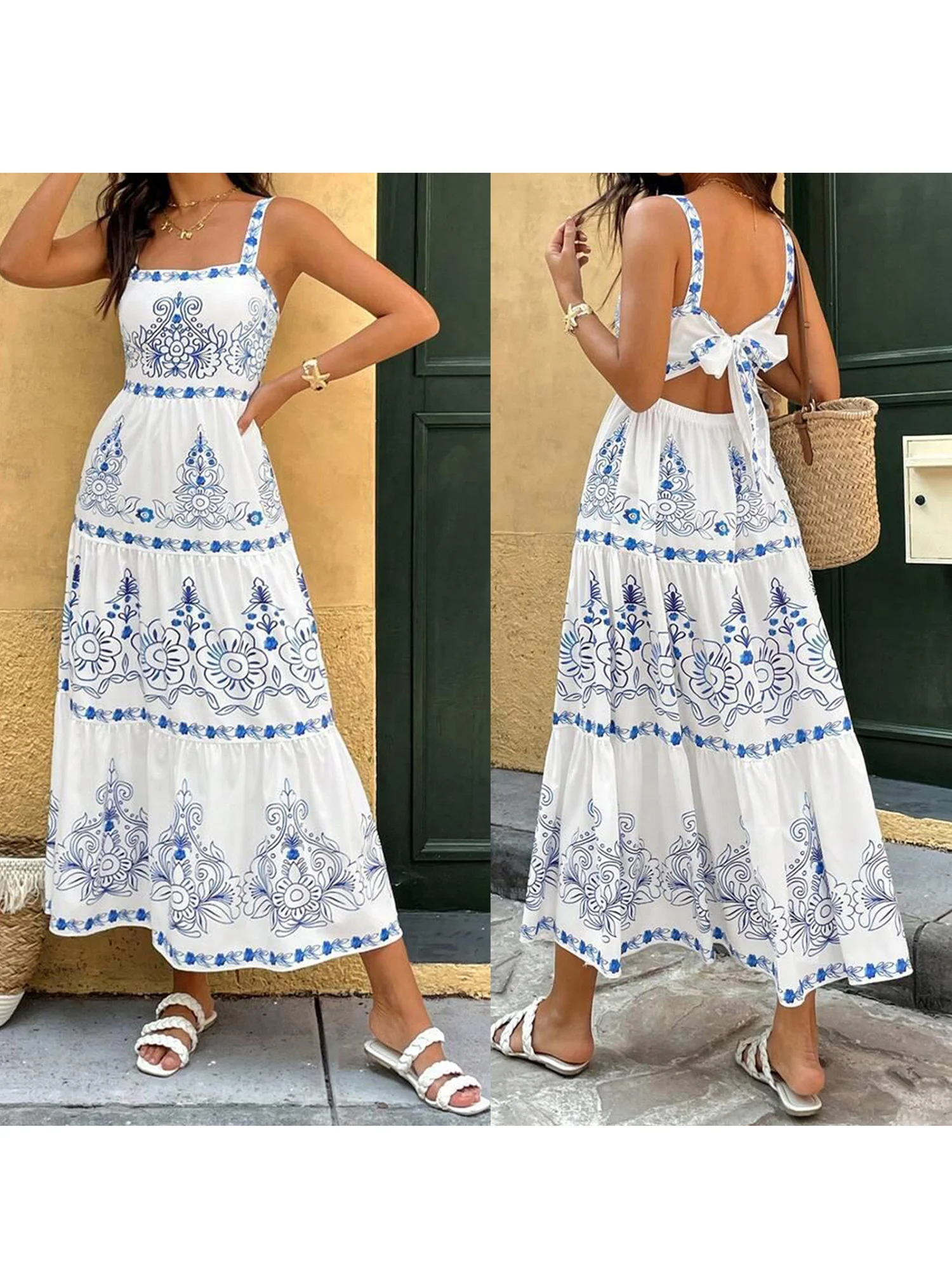Vestido maxi feminino com babados, sem mangas, boho, estampa floral, evasê, verão, vestido de praia fluido com bainha em camadas