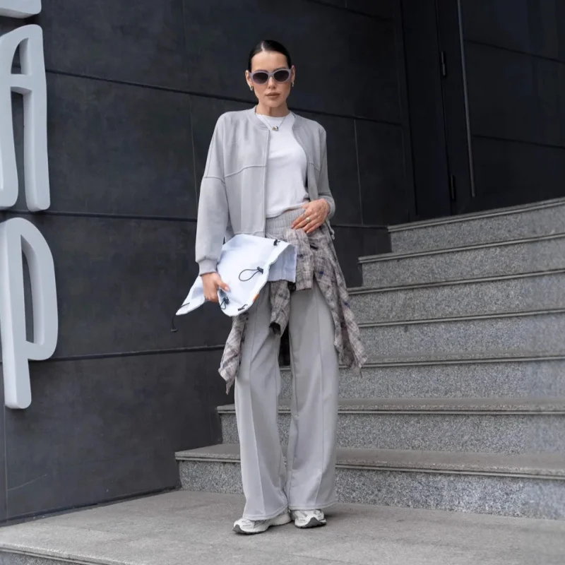 

Повседневный однотонный кардиган на молнии, женский комплект свитшотов, эластичные прямые брюки, женский комплект из двух предметов