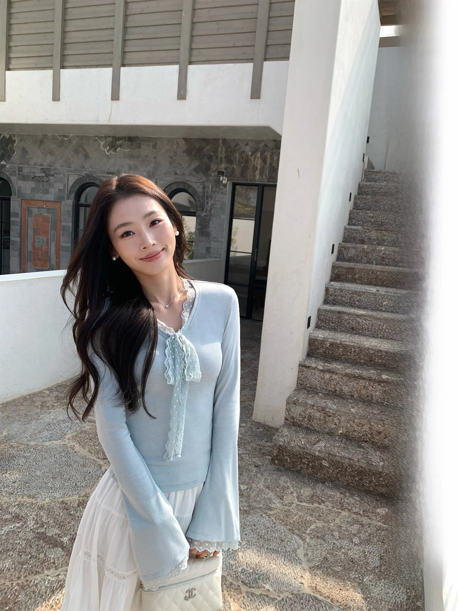 Pusumede Korean Style Long Sleeve T-Shirt Women's Slim Fit Lace Splice Knitted Top V-neck Bell Sleeve Casual Fashion