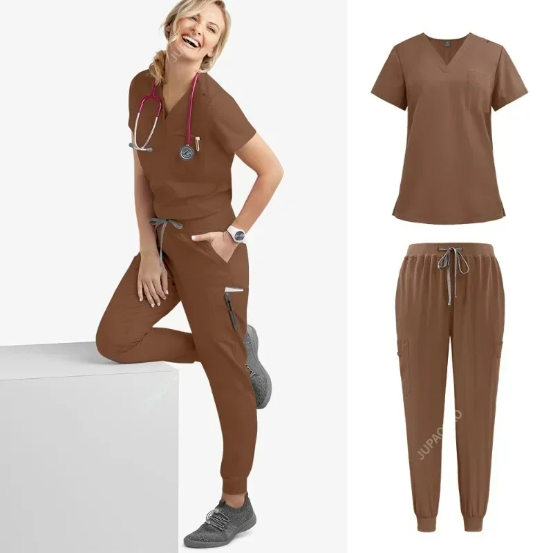 Frühling Jogger passt Arzt Pflege Uniformen Kurzarm V-Ausschnitt Tops Tasche Hosen Krankens ch wester Peelings Set medizinische klinische Kleidung