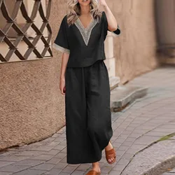 Two Pieces Loose Casual Cotton and Linen Solid Color V-neck Top Cropped Pants Spring Summer Fashionable Simple Women Clothing