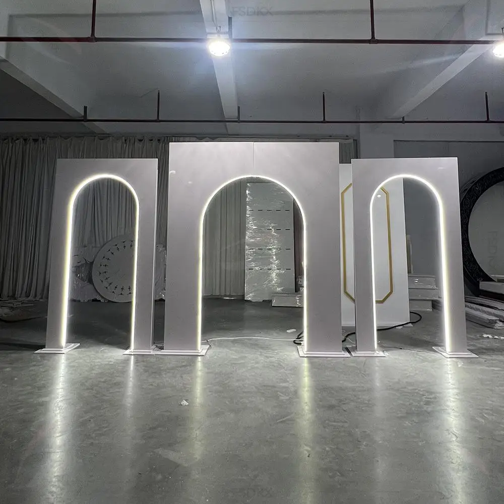 

Hot Sale Led Light Strips White Pvc Wedding Arc Arch Curve Backdrop Board Door Wedding Stage Backdrop Decoration