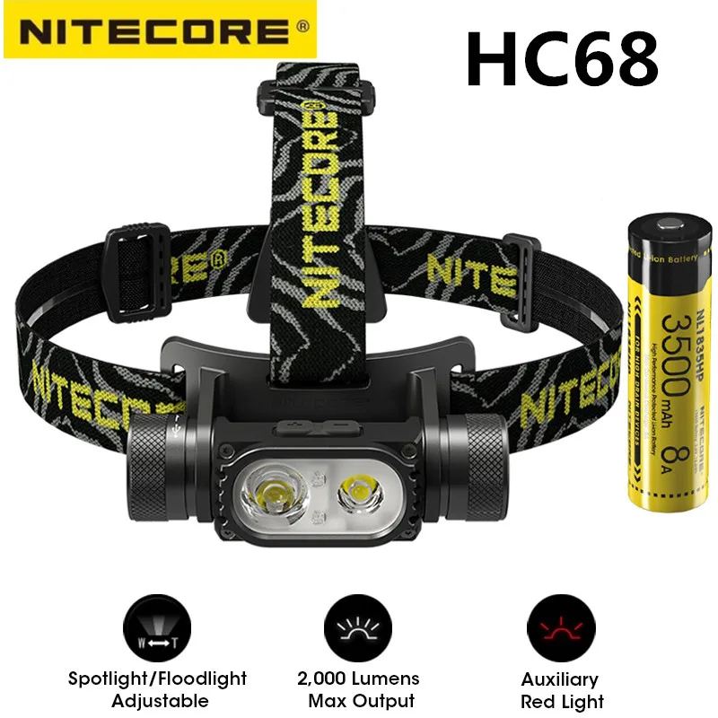 NITECORE HC68 USB Rechargeable Headlight Dual Light Source Spotlight Headlamp 2000 Lumen Headlamps Lamp with NL1835HP Battery