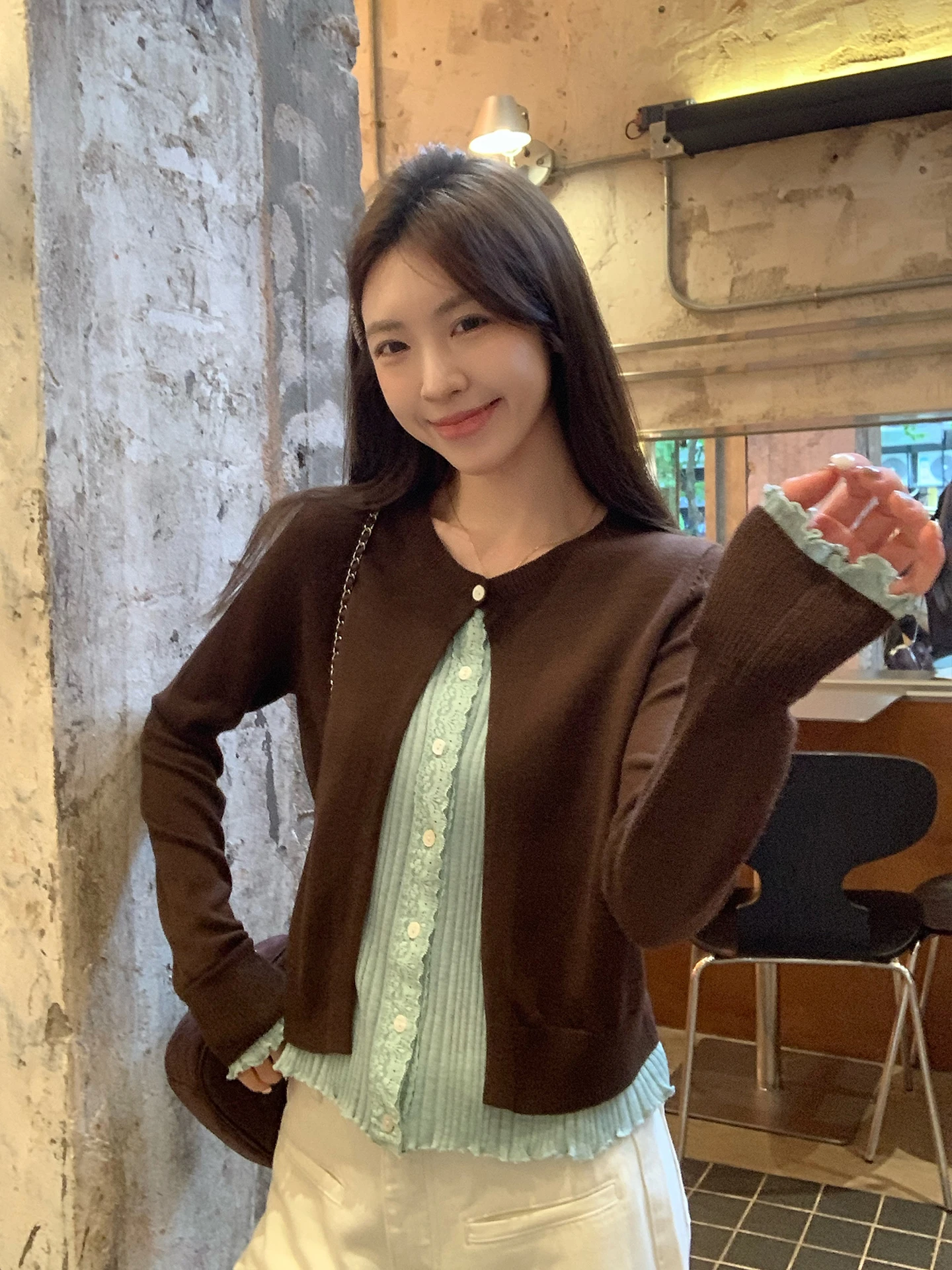 

Вязаный кардиган Morning Bloom Color Blo Long Sve для женщин, весенне-осенний, имитация двухслойного вязаного топа