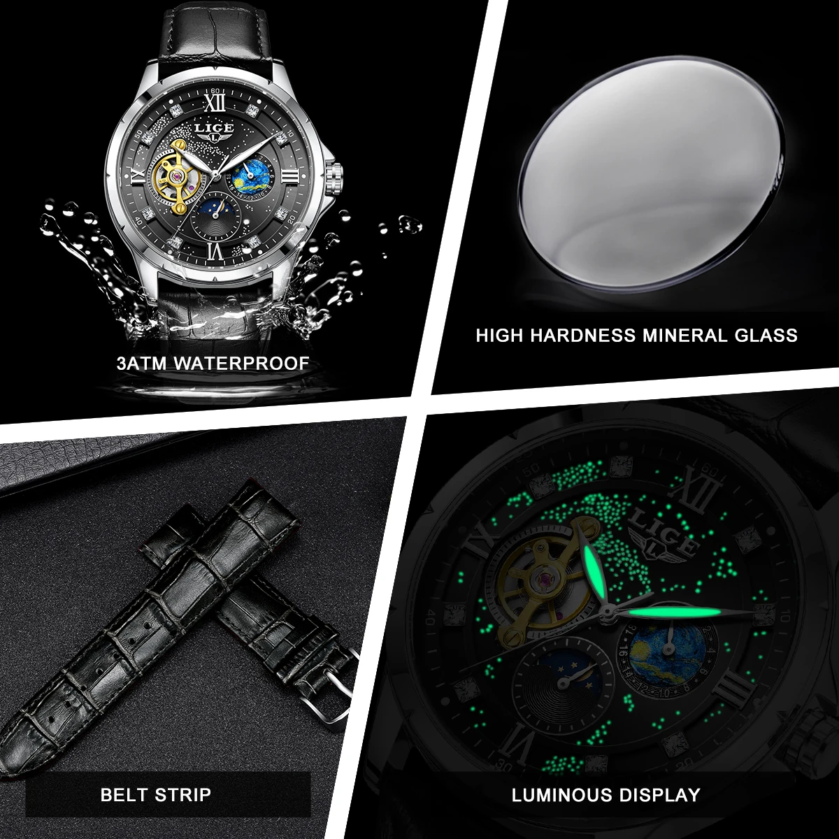 LIGE 2026 ساعة رجالي موضة عادية الأعمال مقاوم للماء ساعة ميكانيكية مضيئة الرياضة القمر المرحلة ساعة يد رجالي هدية رجالي #6
