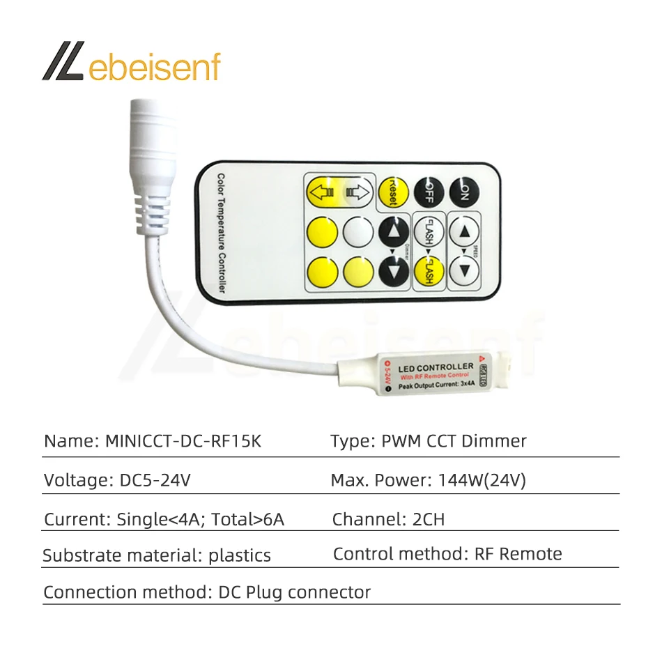 RF Mini LED Dual Color Temperature Lamp Controller 5V 12V 24V DC 6A Strip Light PWM Signal Dimmer 15-Key Wireless Remote Control