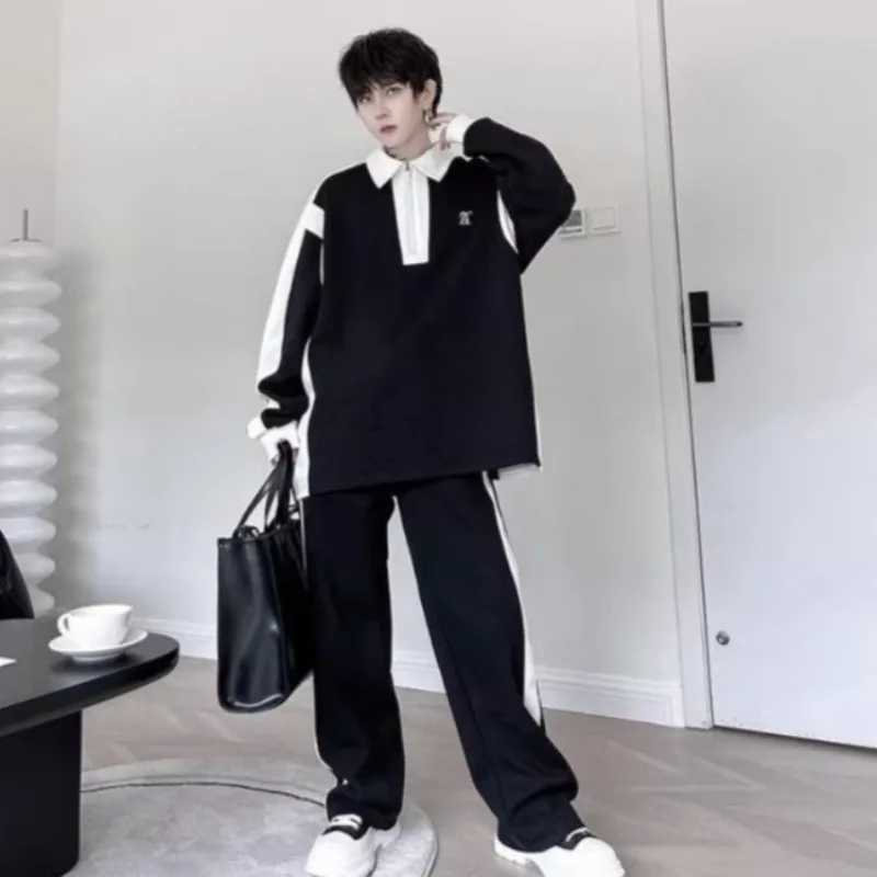 

Black White Color Blocked Sporty Polo Shirt Trousers 2 Piece Set Men's Trendy Urban Athleisure Outfit Casual Streetwear Wear
