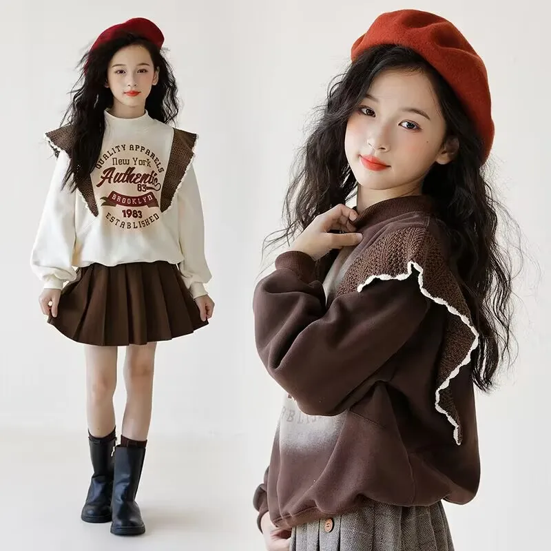 Spring Autumn School Girl 2pcs Suit Teenager Girl Letter Plus Velvet Sweatshirt+Pleated Skirt Sets Girls From 4-12 Years Old