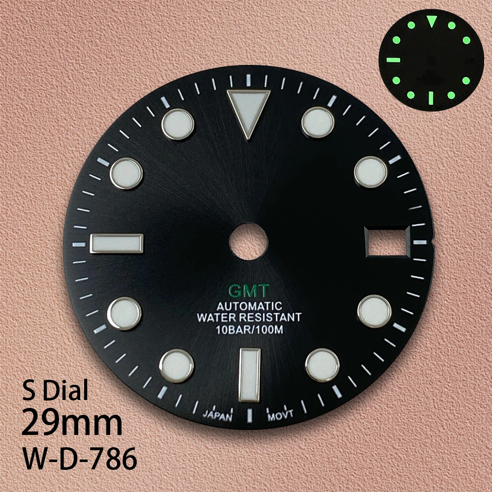 29mm GMT S 로고 선버스트 다이얼 NH34 무브먼트 그린 루미너스 고품질 다이얼 시계 수정 액세서리 3/3.8/4시