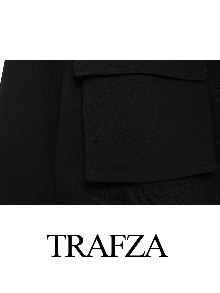 TRAFZA Women Autumn New Fashion Coats Black O-Neck Long Sleeves Pockets Single Breasted Female Streetwear Style Chic Jackets