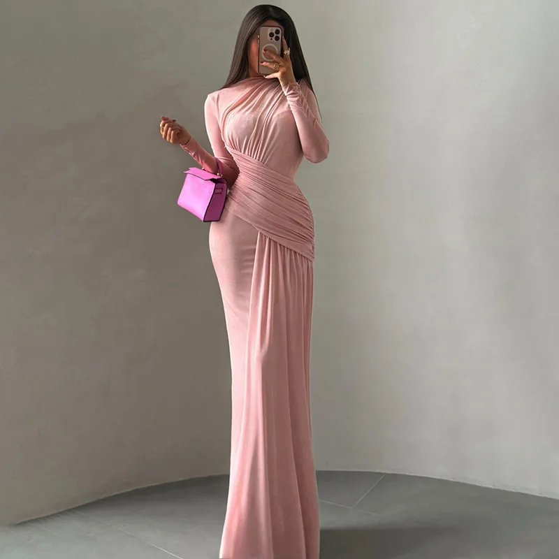 2025 Autumn and Winter New Fashion Temperament Solid Color Round Neck Long Sleeve Pleated Slim Dress Women