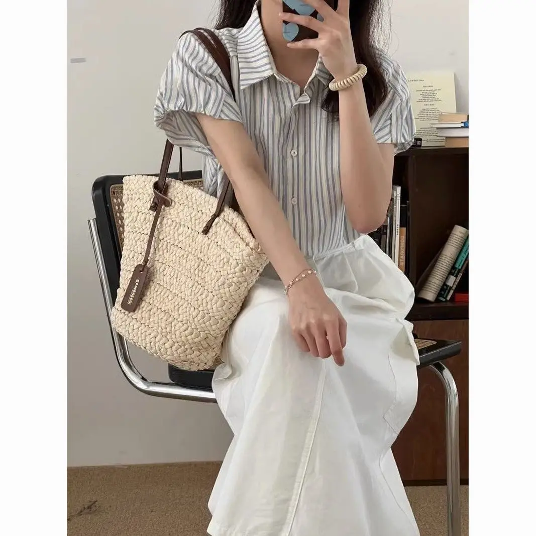 Pure Cotton Casual Commuting Blue Vertical Stripe Shirt for Summer New Short Sleeved Chic Fashion Loose Slimming Thin Shirt