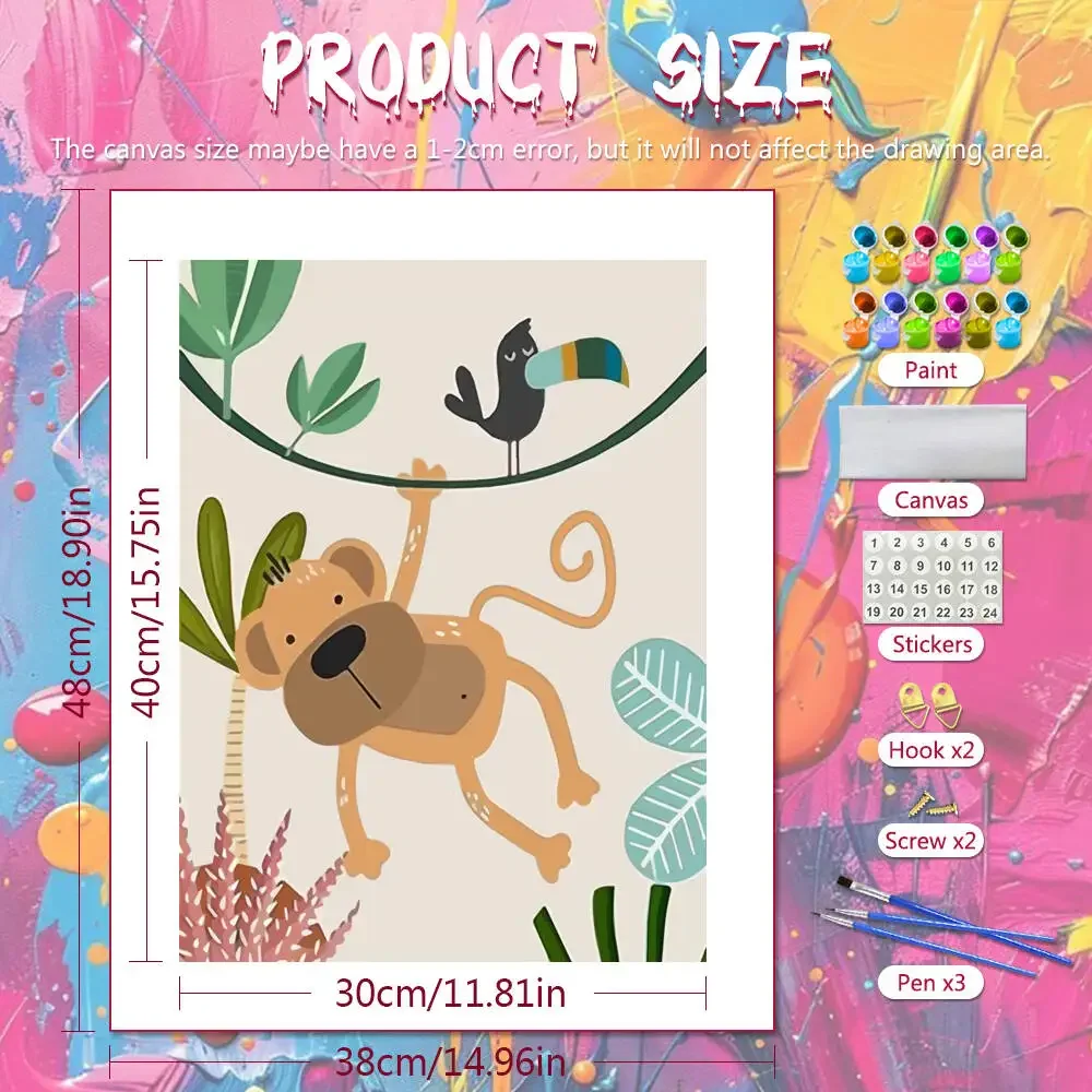 DIY Acrylic Paint By Numbers Cartoon Animal DIY Digital Oil Painting Lion Giraffe Monkey Elephant Zebra Tiger Handpainted Gift