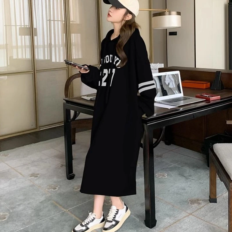 Hooded Midi Dresses Women Letter Casual Straight Loose Personality Japanese Style Y2k Simple Girls Fashion All-match Streetwear