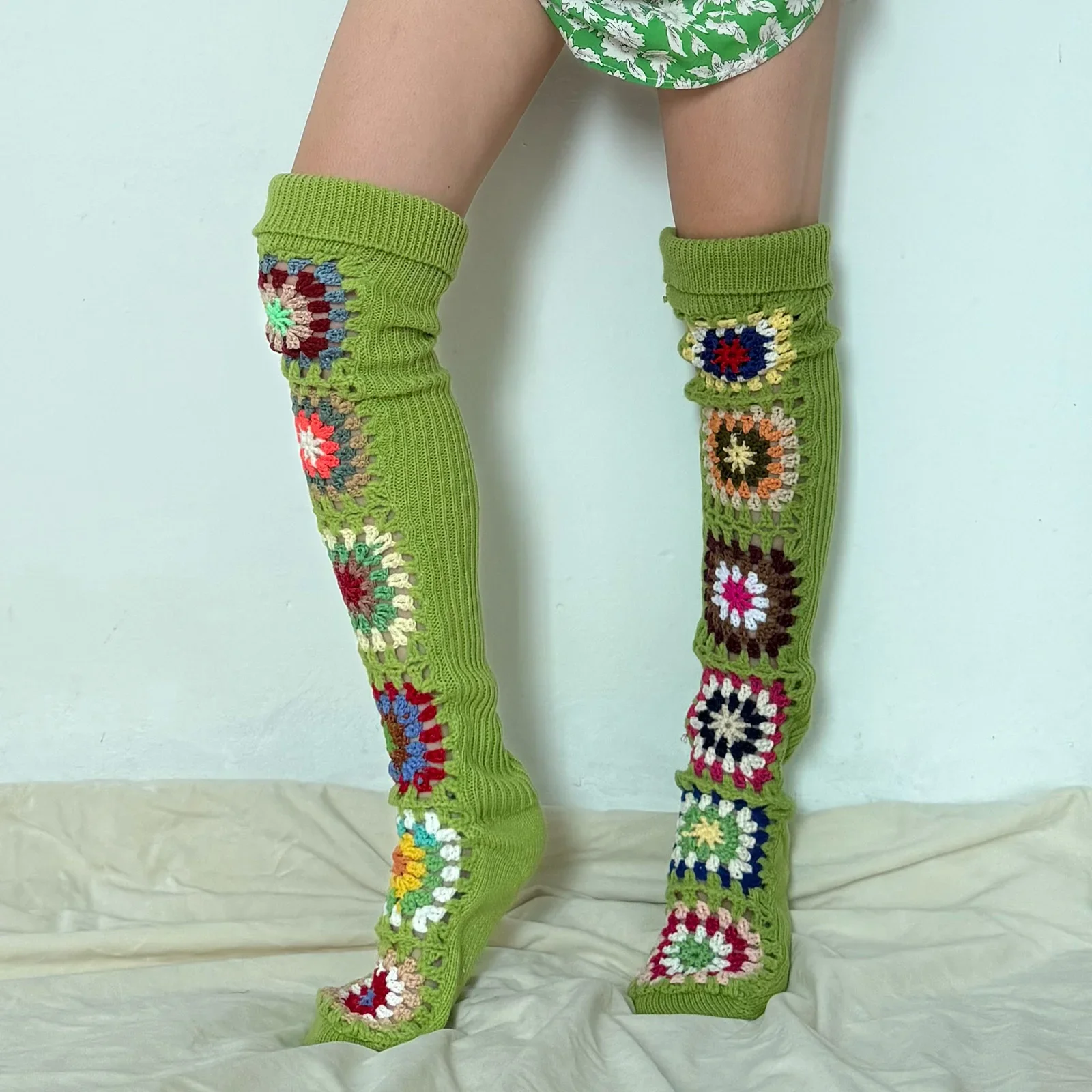 

Warm Thigh High Floor Socks Leg Warmers Fall Winter Women Crochet Knit Stockings Bohemian Geometric Pattern