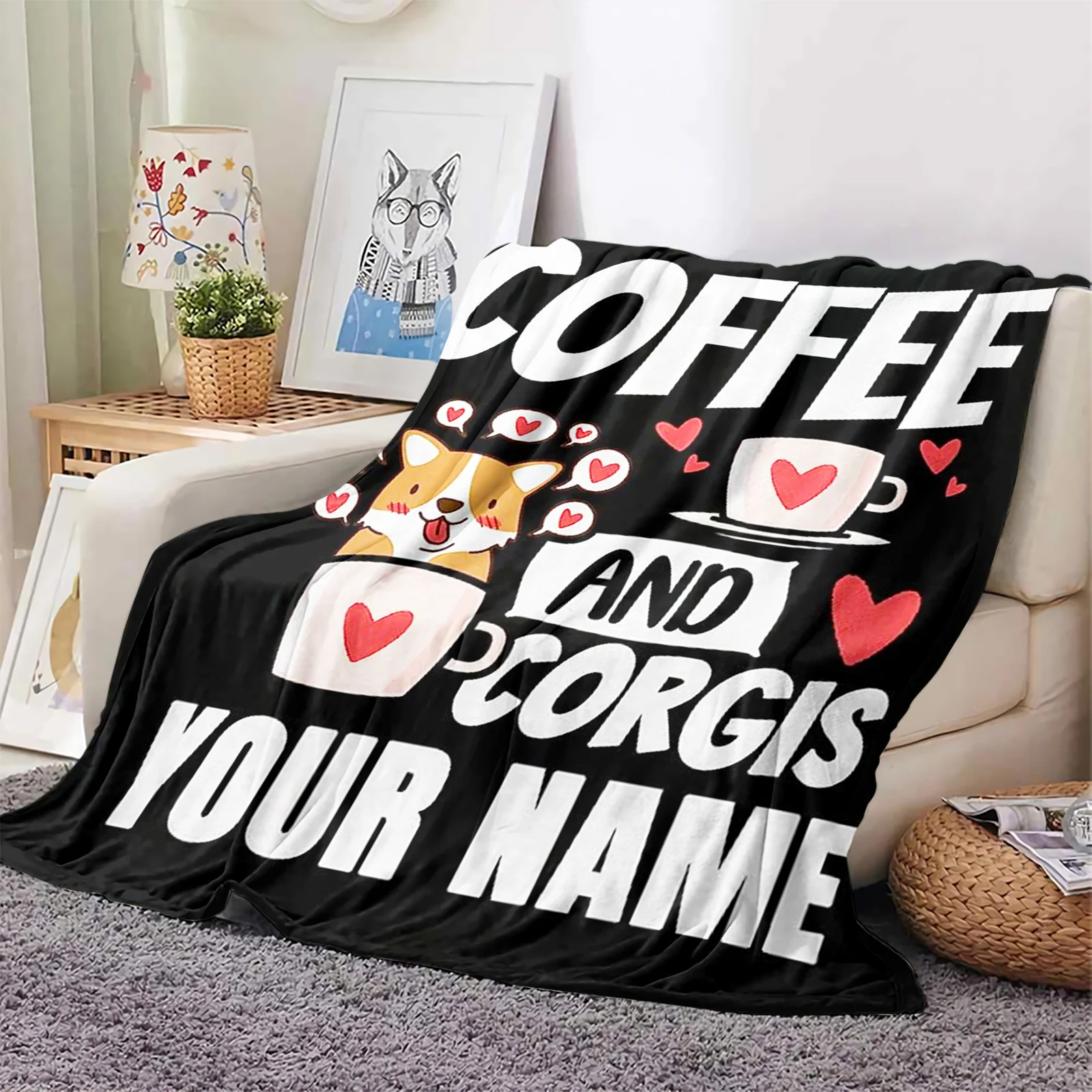 Coffee and Corgi Flannel Blankets DIY Name 3D Printed Throw Blanket Office Nap Travel Portable Quilts Dropshipping