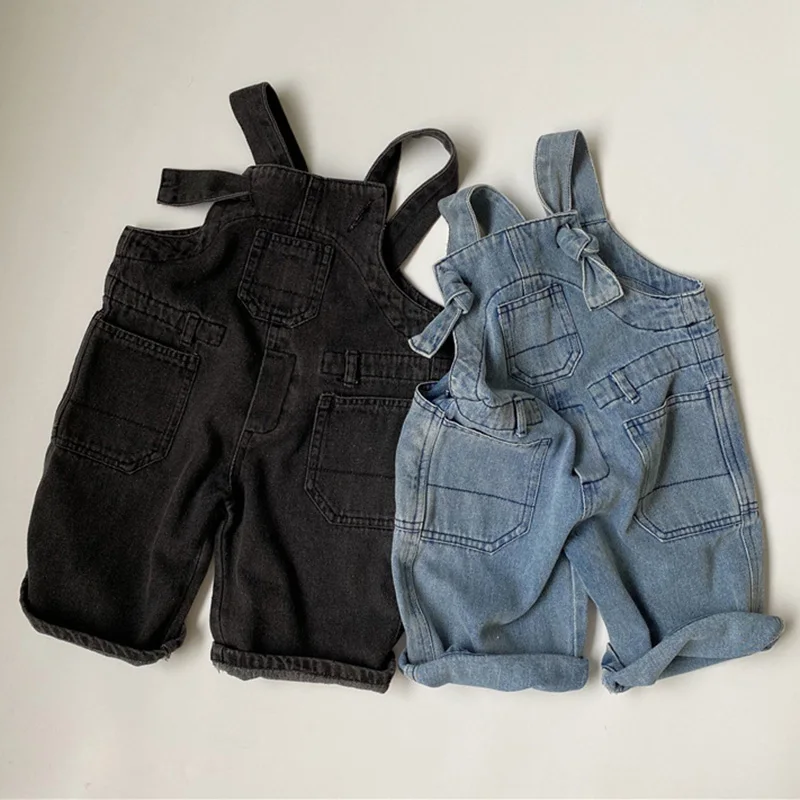 

Korean Style Kids Casual Overalls Baby Boys Girls Denim Pants Solid Color Denim Pocket Loose Suspenders Autumn Spring Overalls